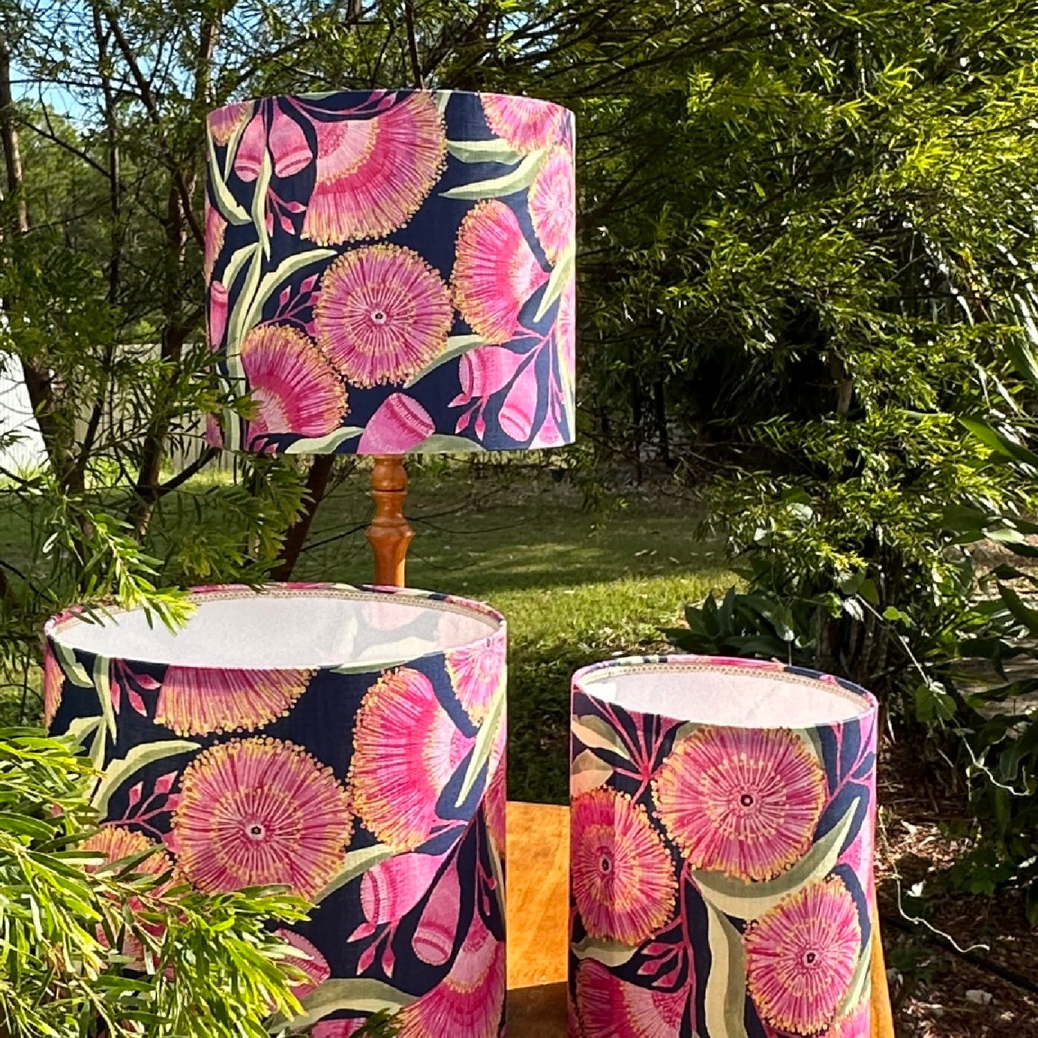 ijustlovethatfabric Lampshade - Pink Gum Blossom on navy fabric
