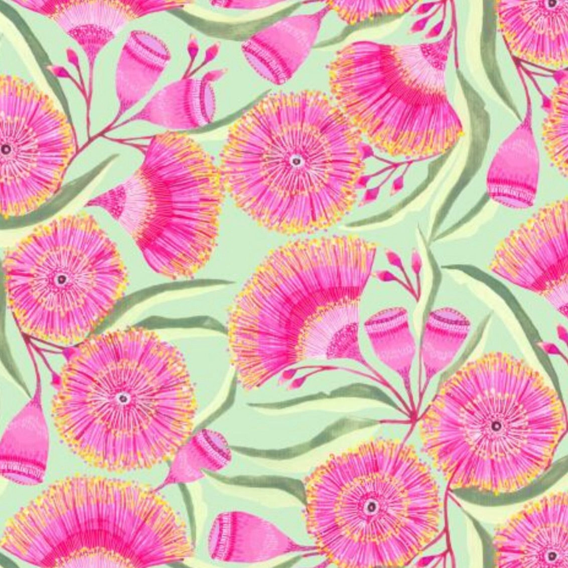 ijustlovethatfabricstore Australian Pink Gum Blossom Flower Fabric mint green