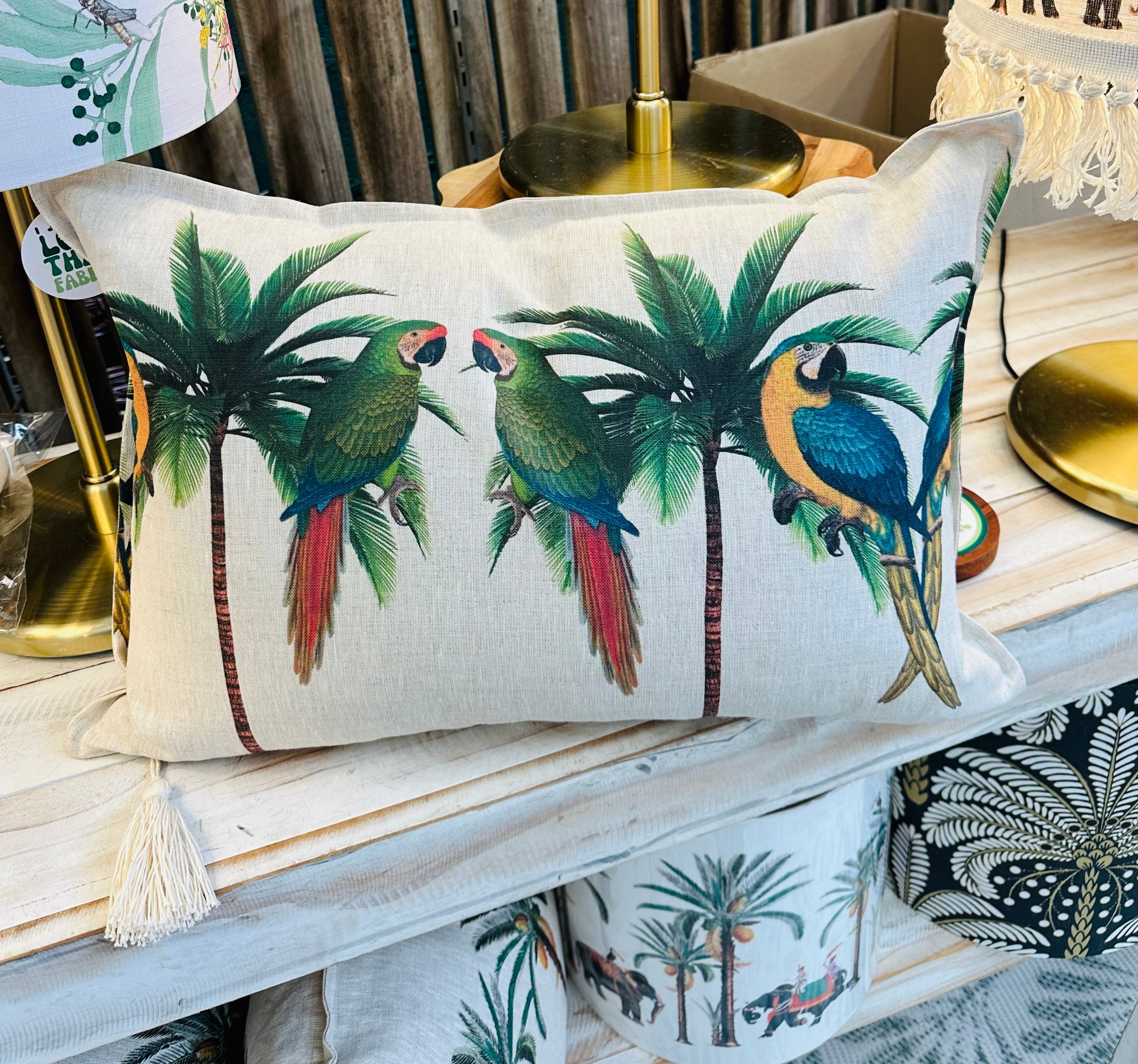 ijustlovethatfabricstore Parrots and Palms cushion cover