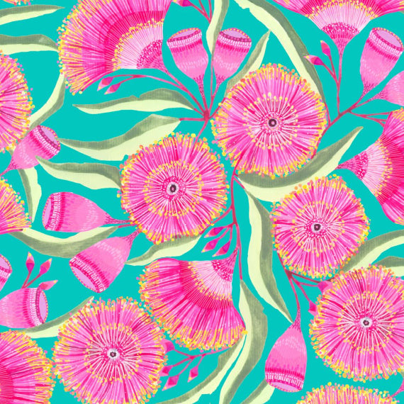 ijustlovethatfabricstore Australian Pink Gum Blossom Flower Fabric - aqua