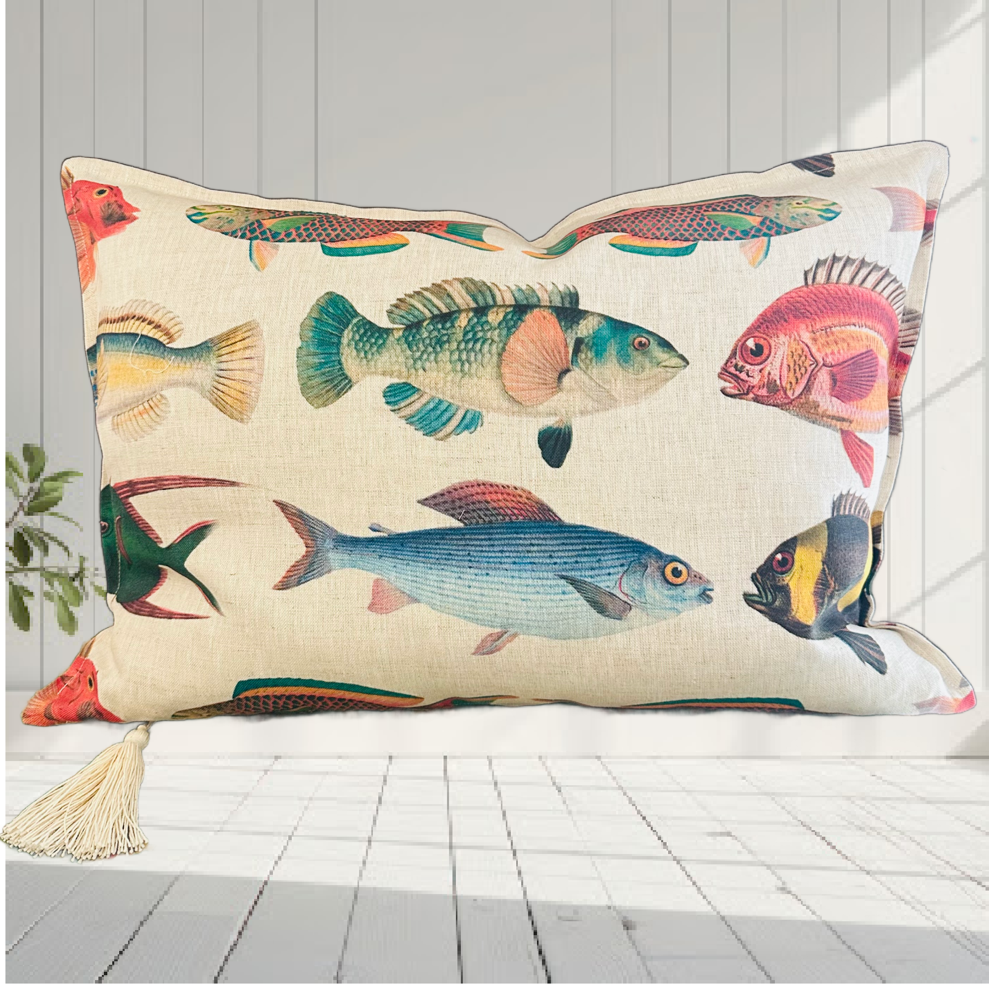 I Just Love That Fabric Fish Fabric - Fishing Around natural linen Cushion