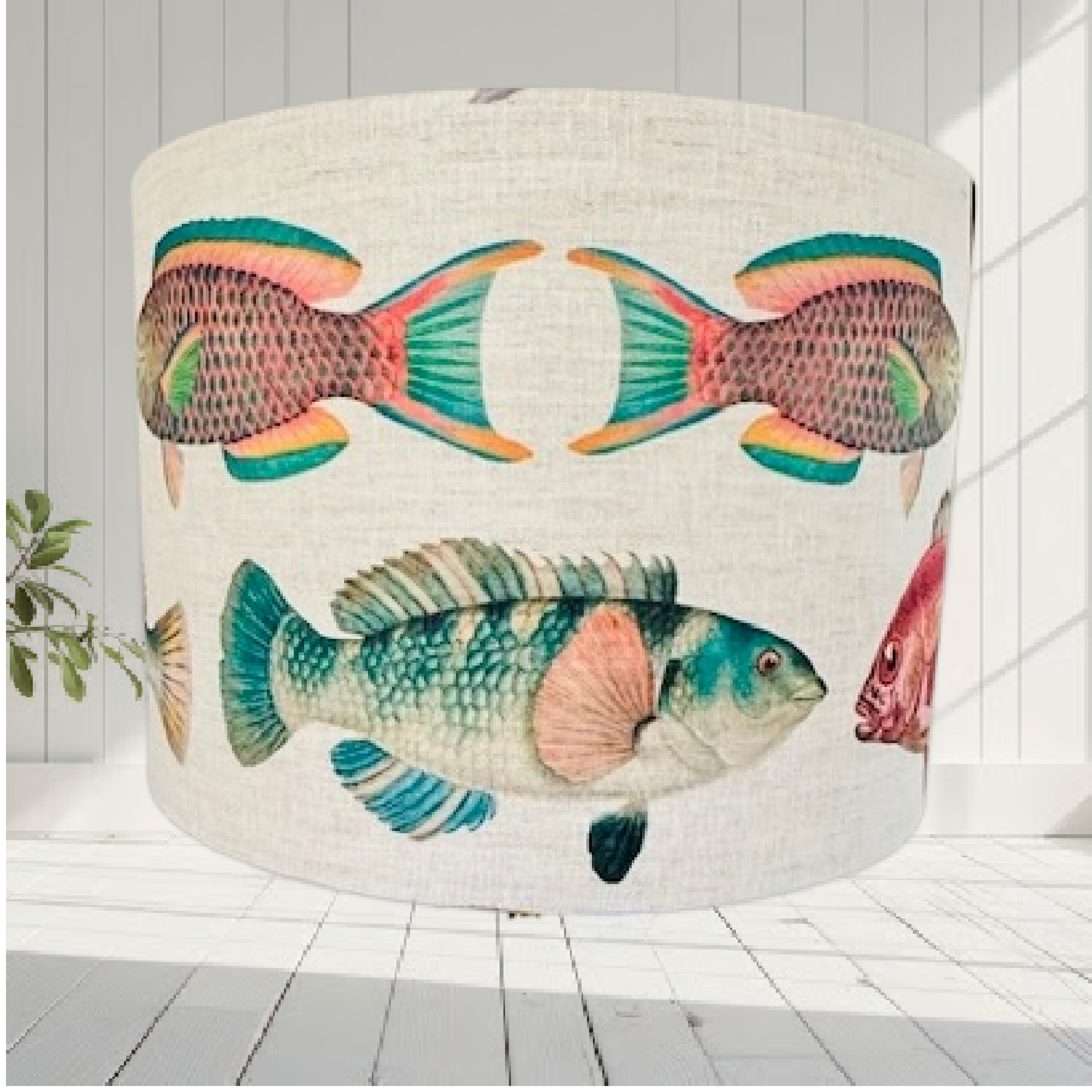 Fishing Around Fish Fabric lampshade oatmeal linen
