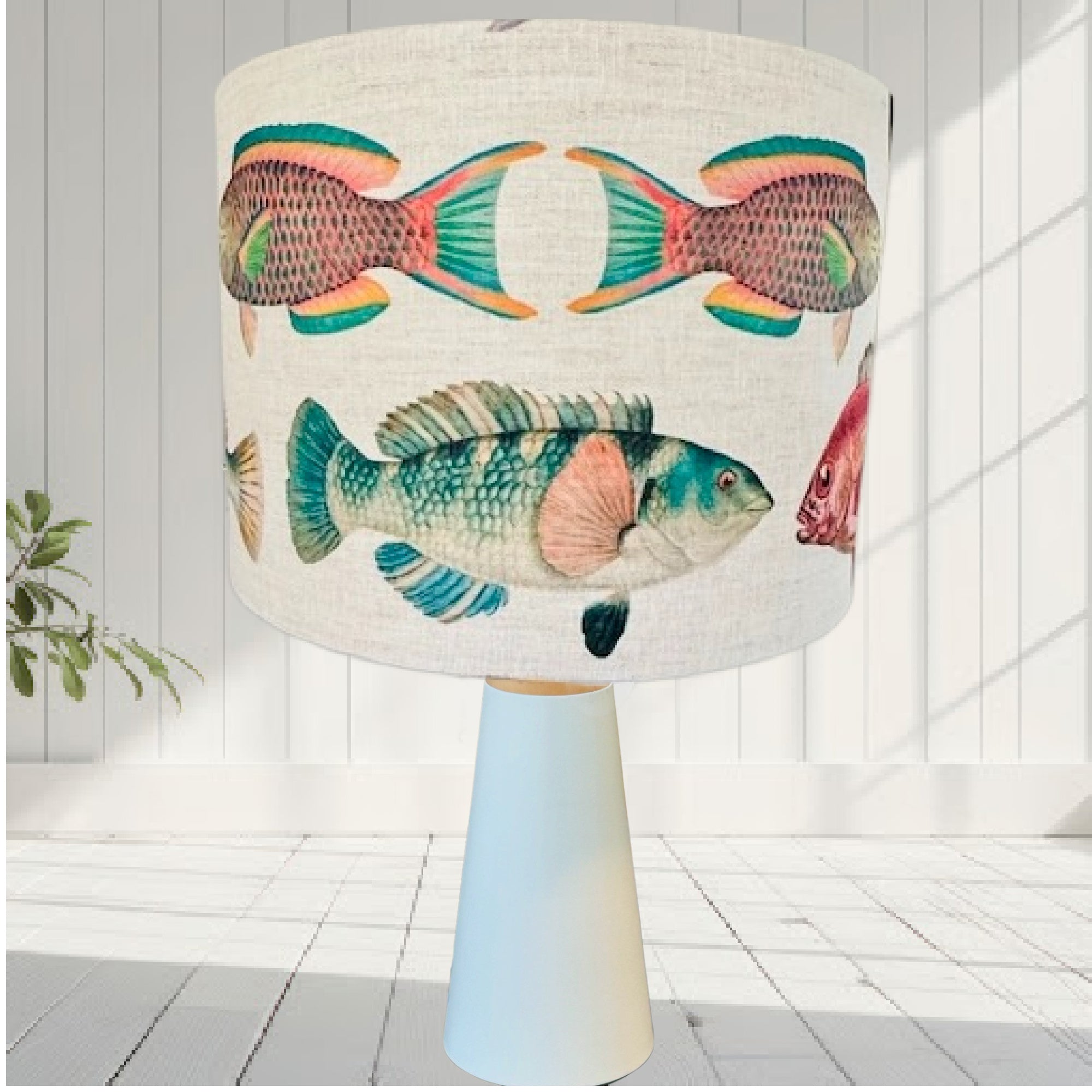 ijustlovethatfabric Fishing Around Fish Fabric lampshade oatmeal linen