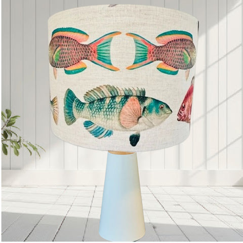 Fishing Around Fish Fabric lampshade oatmeal linen
