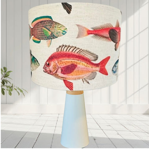 Fishing Around Fish Fabric lampshade oatmeal linen