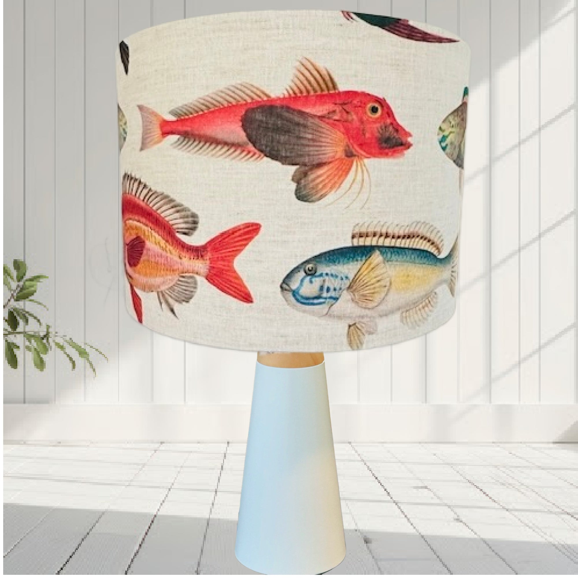 ijustlovethatfabric Fishing Around Fish Fabric lampshade oatmeal linen