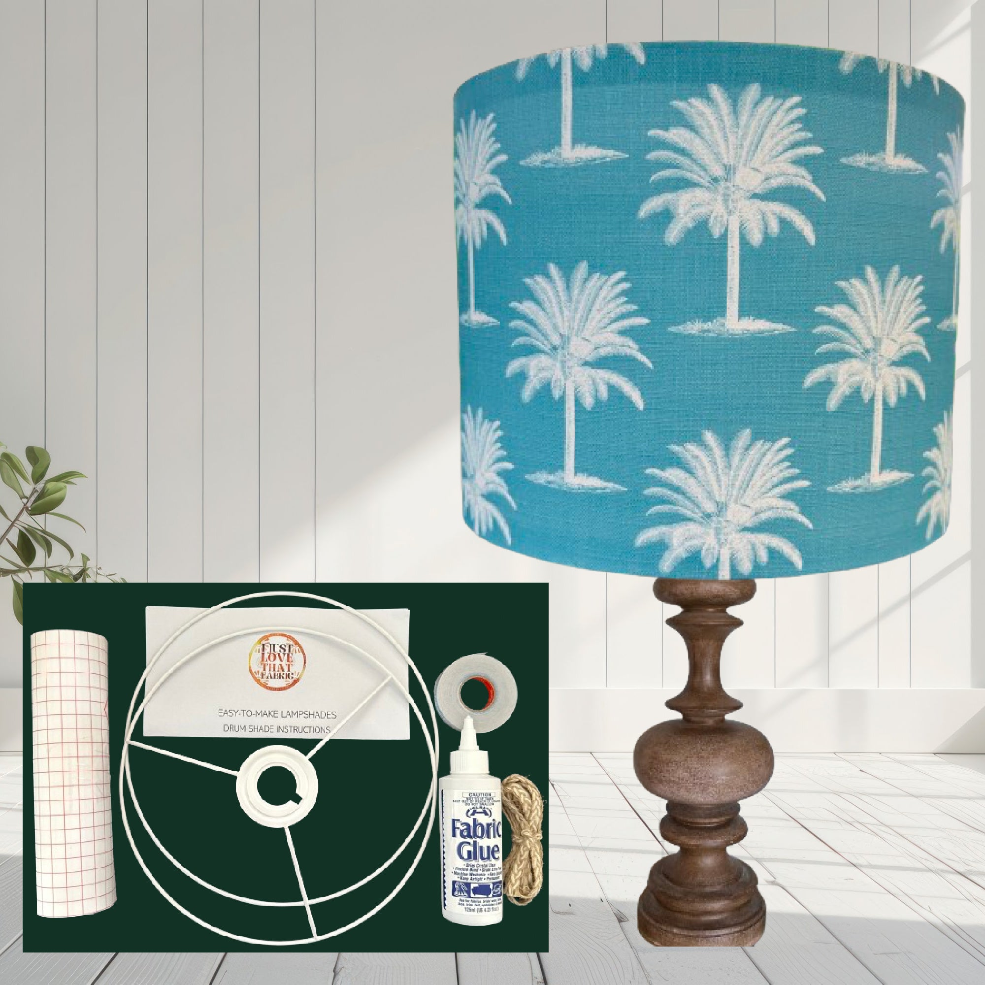 ijustlovethatfabric Lampshade making DIY kit - including Aqua Palm Tree fabric