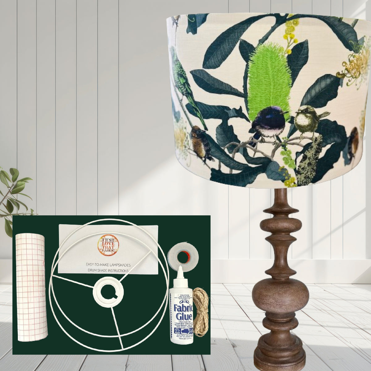 ijustlovethatfabric Lampshade Making DIY Kit - including Wrens & Banksia fabric lime