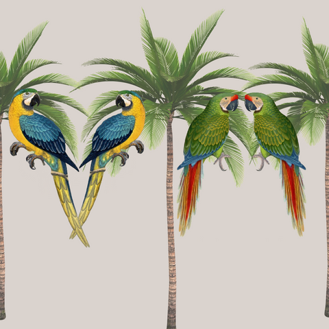 ijustlovethatfabricstore Parrots & Palms Fabric on natural linen