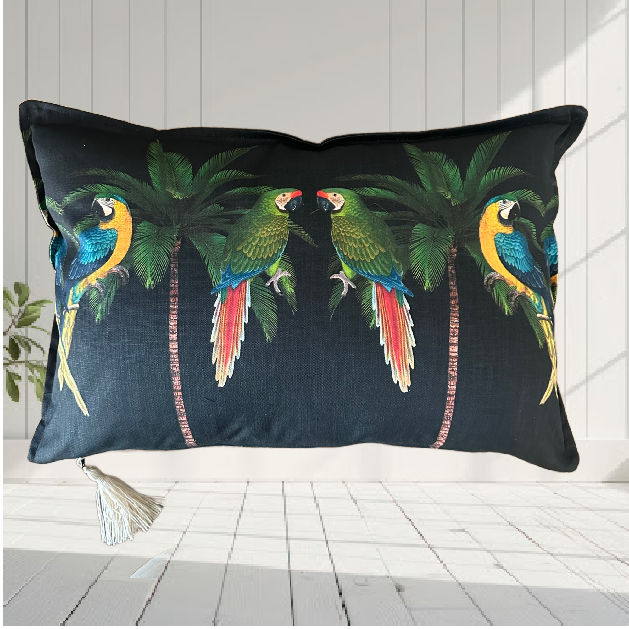 ijustlovethatfabricstore Parrots and Palms cushion cover on midnight black