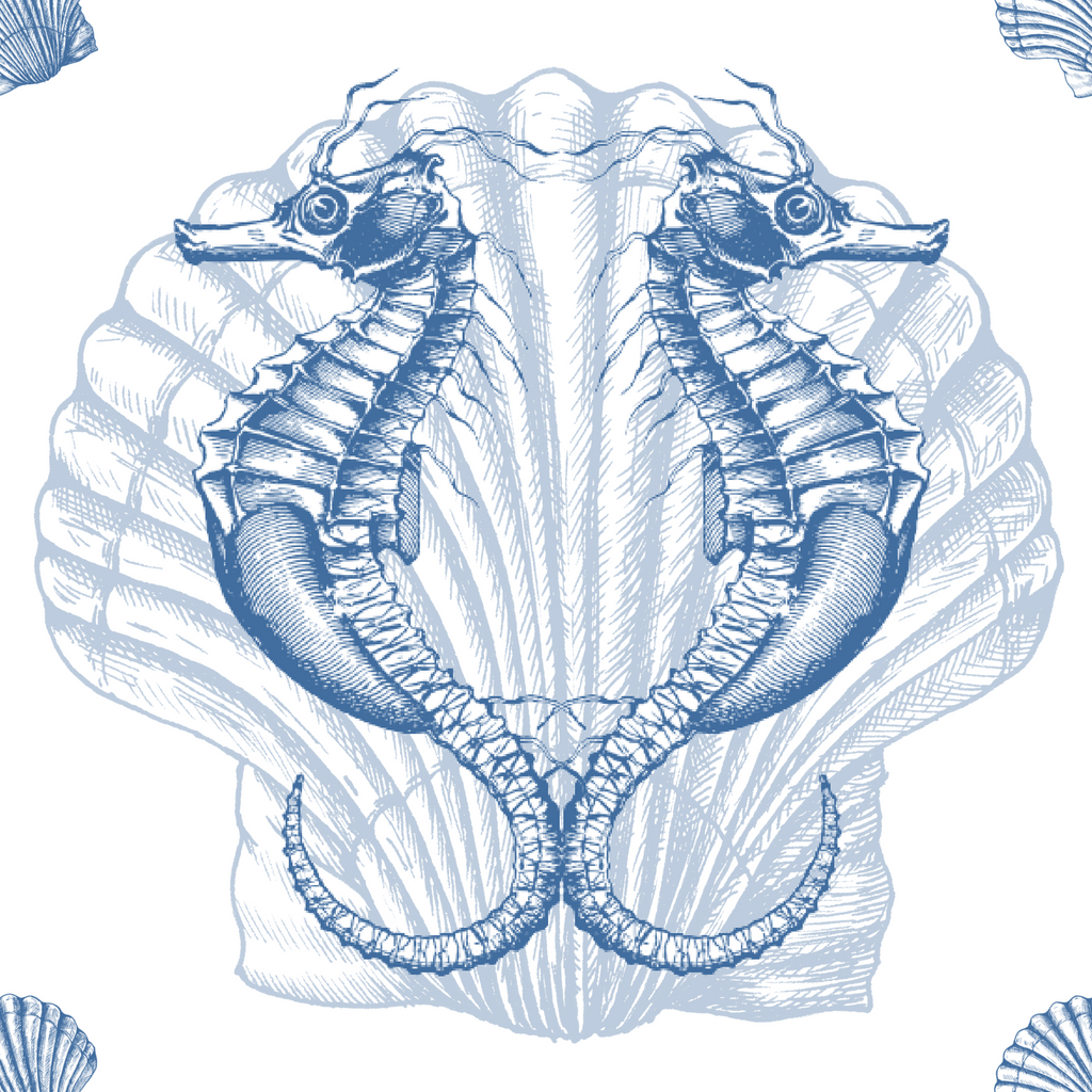 ijustlovethatfabricstore Seahorse and Sea Shell Fabric - Blue and white