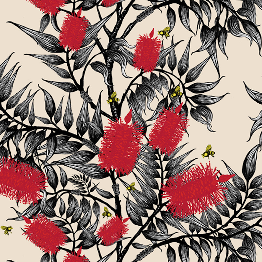 ijustlovethatfabricstore Bees in the Bottlebrush Fabric Red