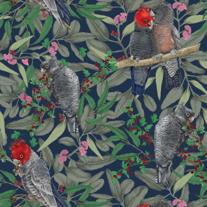 ijustlovethatfabricstore Gang Gang Cockatoo Fabric - Red on navy